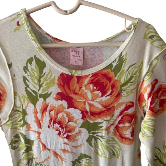 Floral Giggle Moon Girls Dress With Green Ruffled Hem & Sleeves Rosette Size 6X - Picture 3 of 6